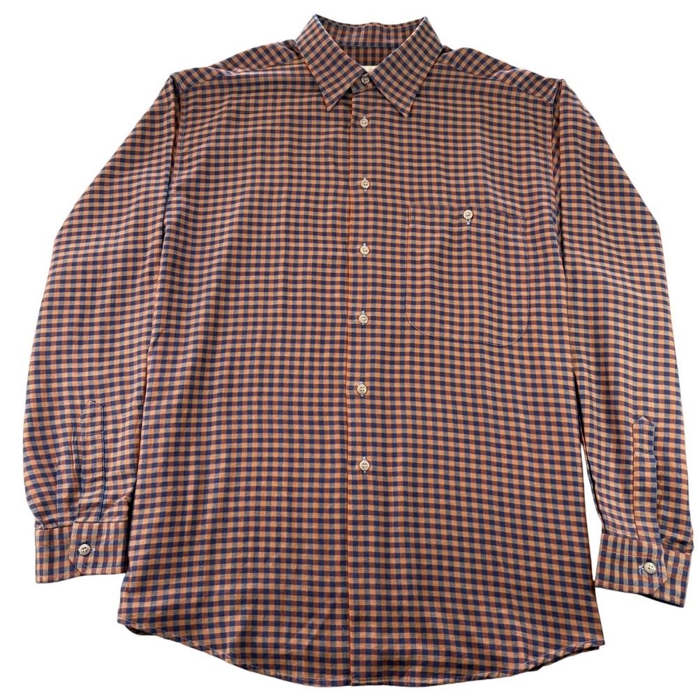 Ermenegildo Zegna Long Sleeve Dress Shirt Mens L Blue Orange Gingham Check